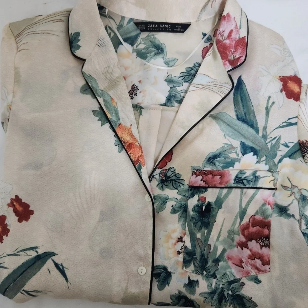 Zara Satin Oriental Japanesse Garden Floral PrintvShirt - Picture 3 of 8